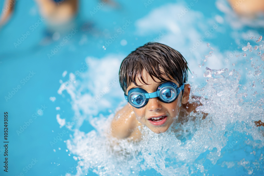 Naklejka premium Joyful child swimming in pool with goggles on a sunny day splashing water fun