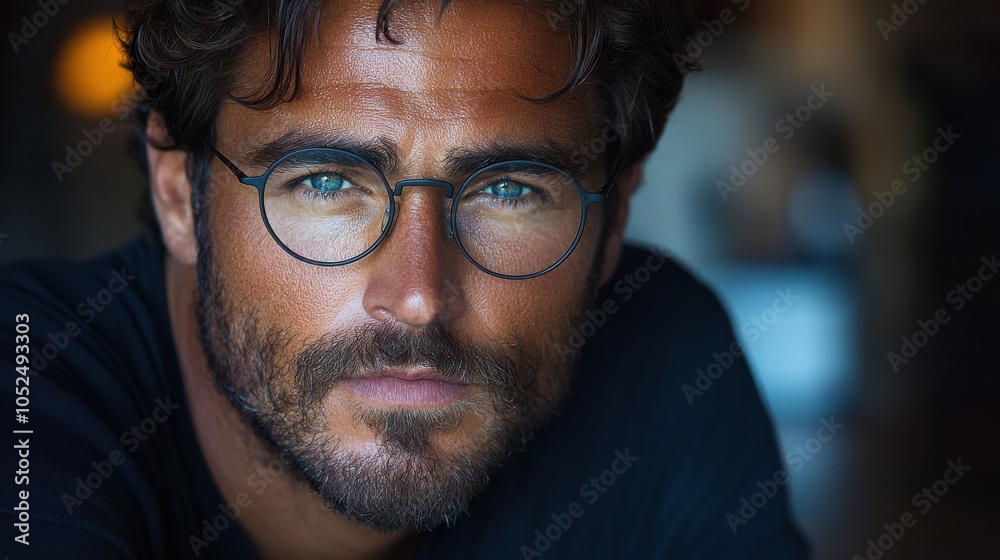 A close-up of a man with striking blue eyes and glasses, showcasing a contemplative expression in a dimly lit interior A close-up of a man with striking blue eyes and glasses, showcasing a contemplative expression in a dimly lit interior