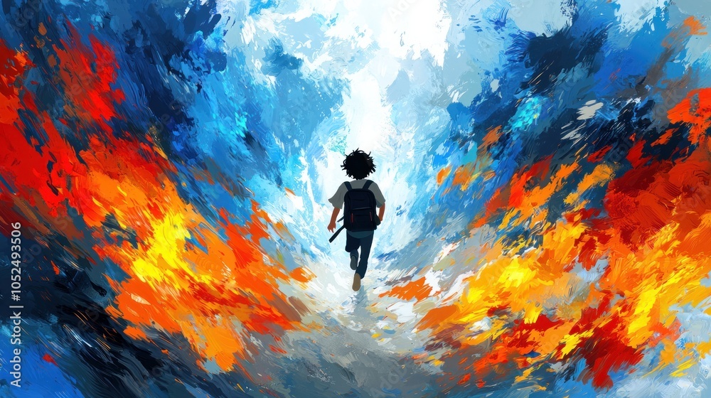 Fototapeta premium Abstract Painting of Person Walking through a Fiery and Cloudy Path.