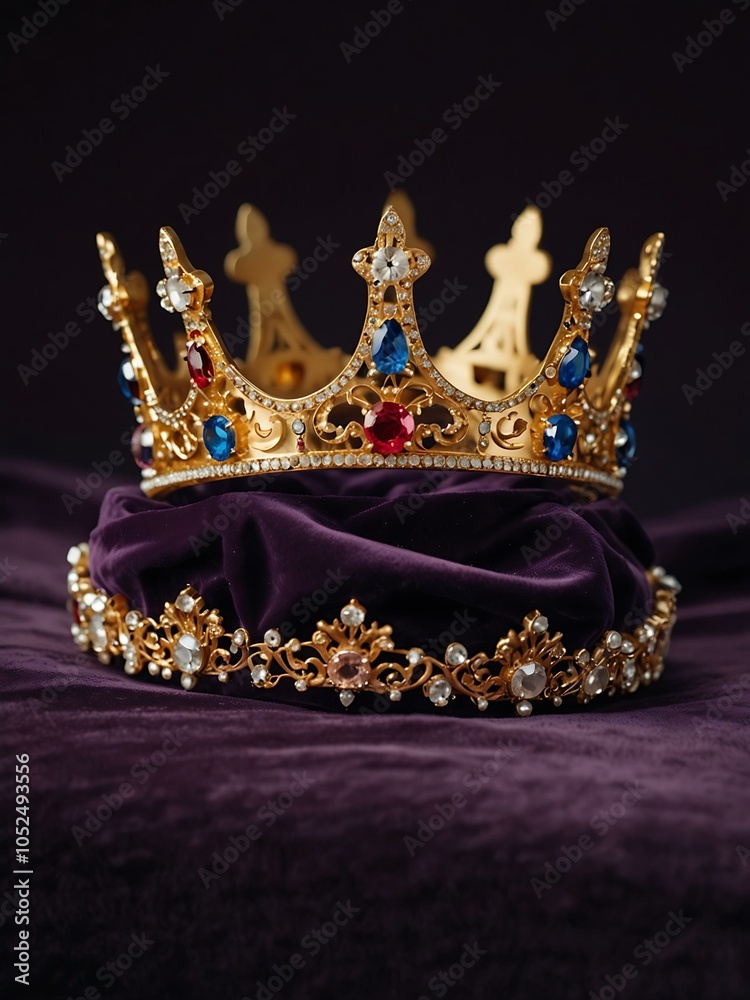 Golden crown adorned with jewels on purple velvet Golden crown adorned with jewels on purple velvet