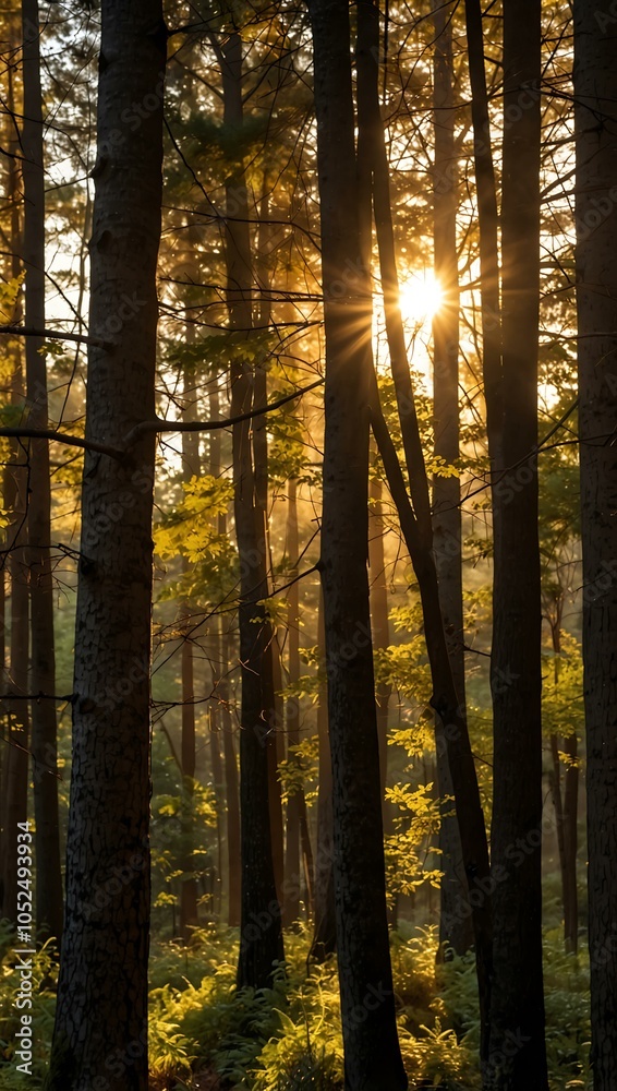 Obraz premium Golden sunset light filtering through tall trees