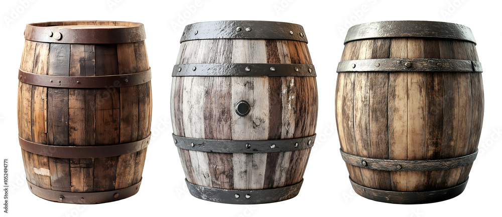 Fototapeta premium Rustic wooden barrels isolated on transparent background, PNG