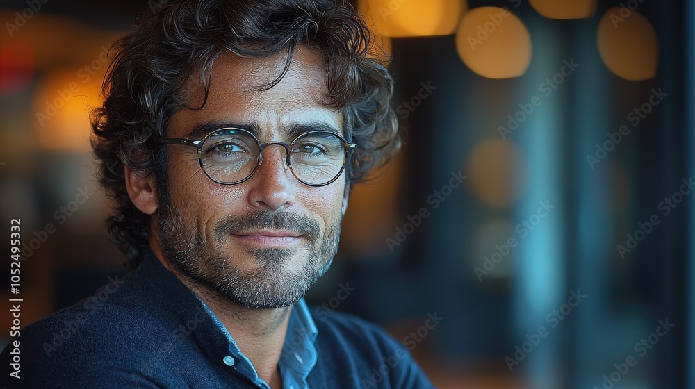 A man with curly hair and glasses smiles warmly while seated in a trendy café during the late afternoon A man with curly hair and glasses smiles warmly while seated in a trendy café during the late afternoon