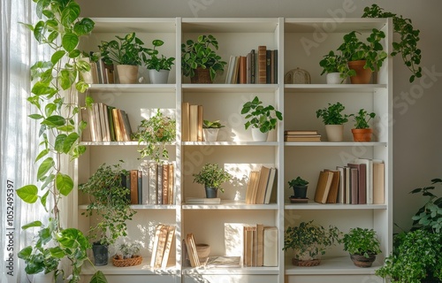 A cozy living room bookshelf filled with books and plants in natural light during the day