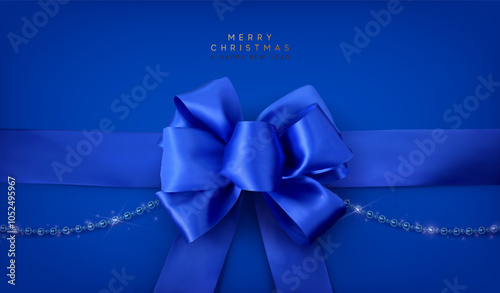 Christmas realistic blue satin ribbon and bow, string beads. Gift bow template. Xmas banner, web poster, design for flyer, brochures, holiday invitations. Happy new year gift card. Vector illustration