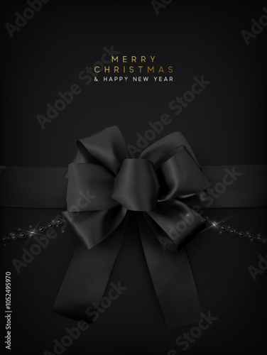 Christmas realistic black satin ribbon and bow, string beads. Gift bow template. Xmas banner, web poster, design for flyer, brochure, holiday invitations. Happy new year gift card. Vector illustration