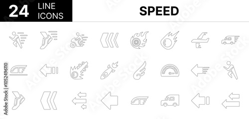 Collection of 24 Speed line icons featuring editable strokes. These outline icons depict various modes of Speed, Symbol, Logo, Car, Turbo, Set, Arrow, Boost, Aero, 