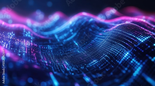Abstract digital wave with glowing lines and particles in blue and pink colors on a dark background.