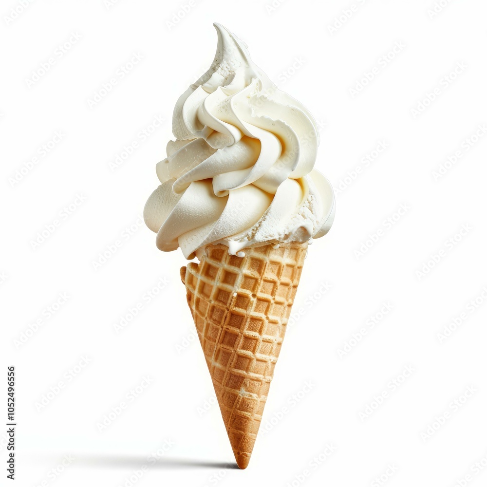 Creamy vanilla soft serve ice cream with delicate swirls is presented in a crispy waffle cone, creating a tempting summer treat