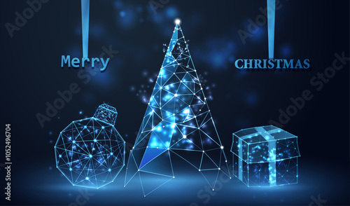 Merry Christmas technology with wireframe ball, tree and gift box. Futuristic happy holiday card with blue neon low poly bauble and tree vector background. Happy New Year design.