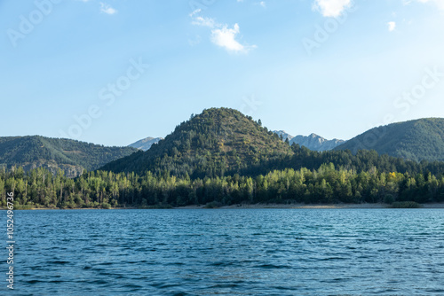 Lakeside, Isparta Gölcük nature park and Gölcük lake view, pine trees and green mountains