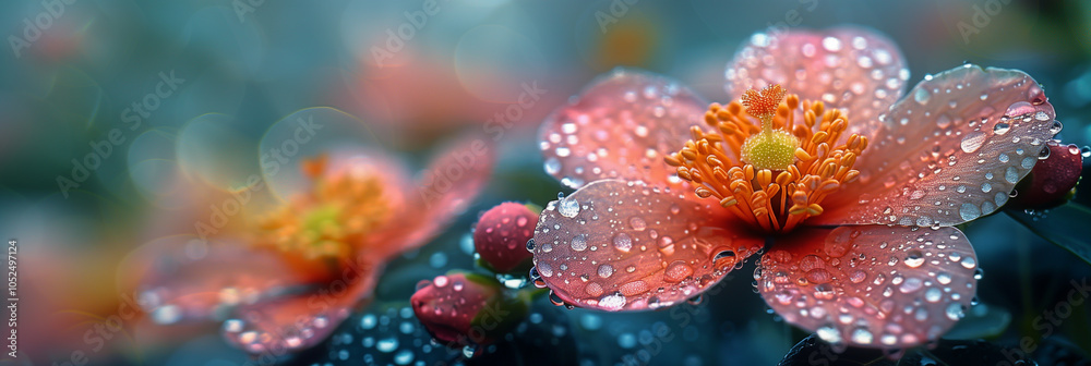Close-up of raindrops on a flower petal during a spring Floral background. Greeting card. Valentines day. Mother's Day, birthday. Floral for congratulations Close-up of raindrops on a flower petal during a spring Floral background. Greeting card. Valentines day. Mother's Day, birthday. Floral for congratulations