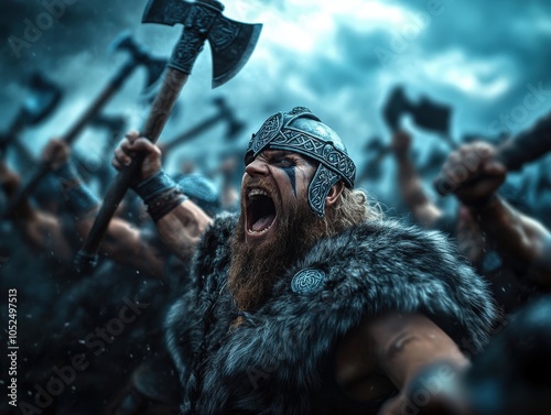 A furious Viking warrior, brandishing a mighty axe, leads a charge through a fearsome storm, displaying primal strength, courage, and warrior spirit on the battlefield. photo