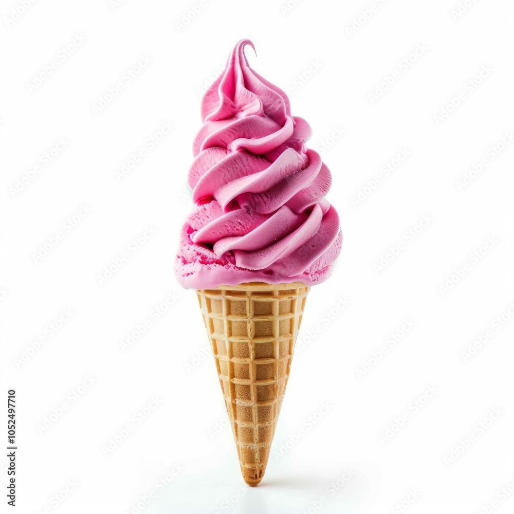 Refreshing pink frozen yogurt ice cream swirl fills a crispy waffle cone, offering a sweet and cool treat