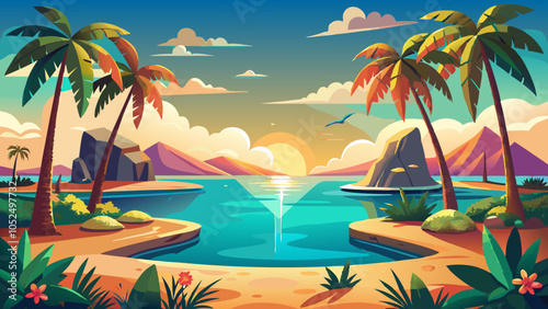 The oasis of peace with palm trees, where the sea merges with heaven in endless harmony