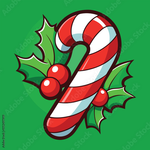 A classic red and white candy cane with holly.