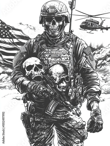 Create a design illustration depecting a military patch. Featuring A soldier holding with a skull head. Holding two heads of a terrorists, with a background of US flag and helicopters. generative ai photo