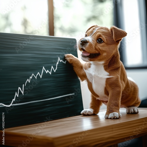 Playful puppy pointing at a growth chart with a cheerful expression.