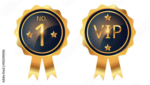 Set of 2 golden badges or medals, VIP and number 1