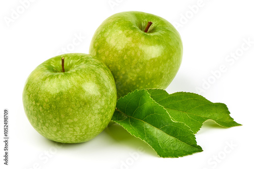 Green apple granny smith with leaf and water drops, isolated on white background.