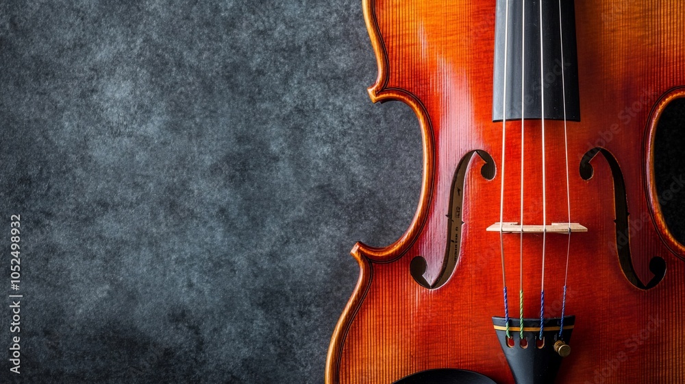 Close-up of a violin against a textured gray background. Close-up of a violin against a textured gray background.