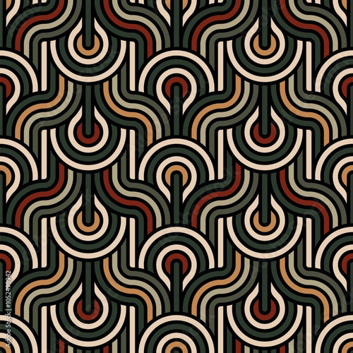Seamless abstract geometric pattern with multicolored concentric circles and wavy lines in vintage colors on a black background. Ethnic traditional design in modern contemporary style. 