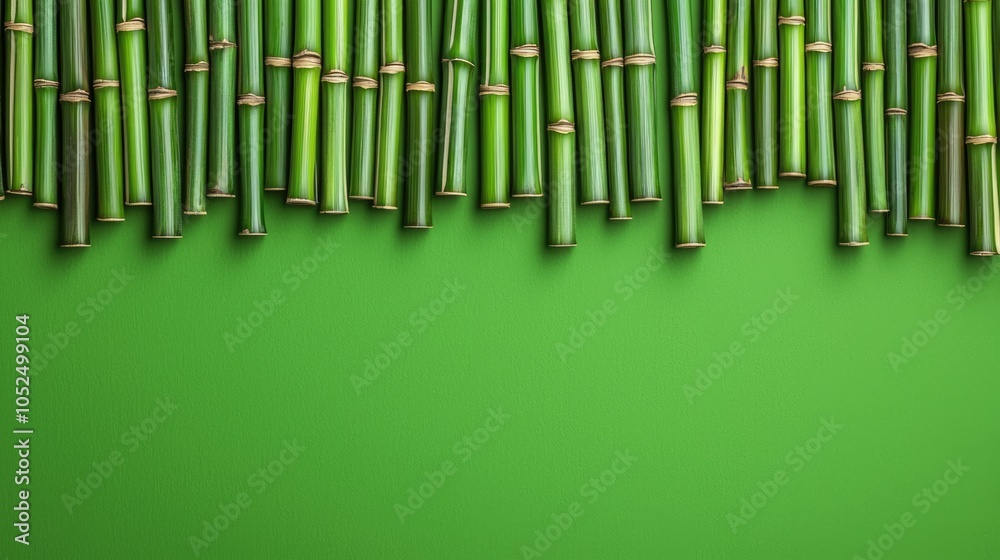 A vibrant arrangement of bamboo stalks on a rich green background, symbolizing nature and tranquility. A vibrant arrangement of bamboo stalks on a rich green background, symbolizing nature and tranquility.