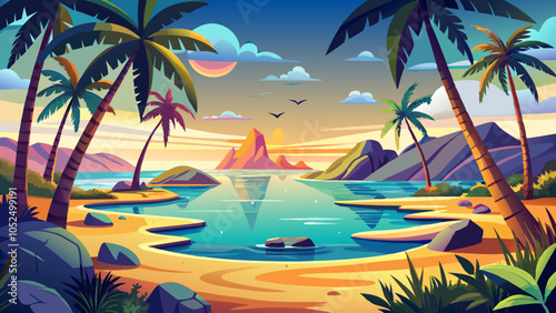 The oasis of peace with palm trees, where the sea merges with heaven in endless harmonyv