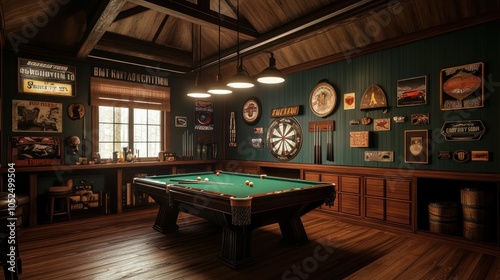 A rustic game room with a pool table, dartboard, and vintage signs on the walls.