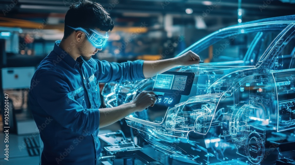 An engineer wearing protective goggles uses virtual reality technology to inspect the design of a car in a workshop. An engineer wearing protective goggles uses virtual reality technology to inspect the design of a car in a workshop.