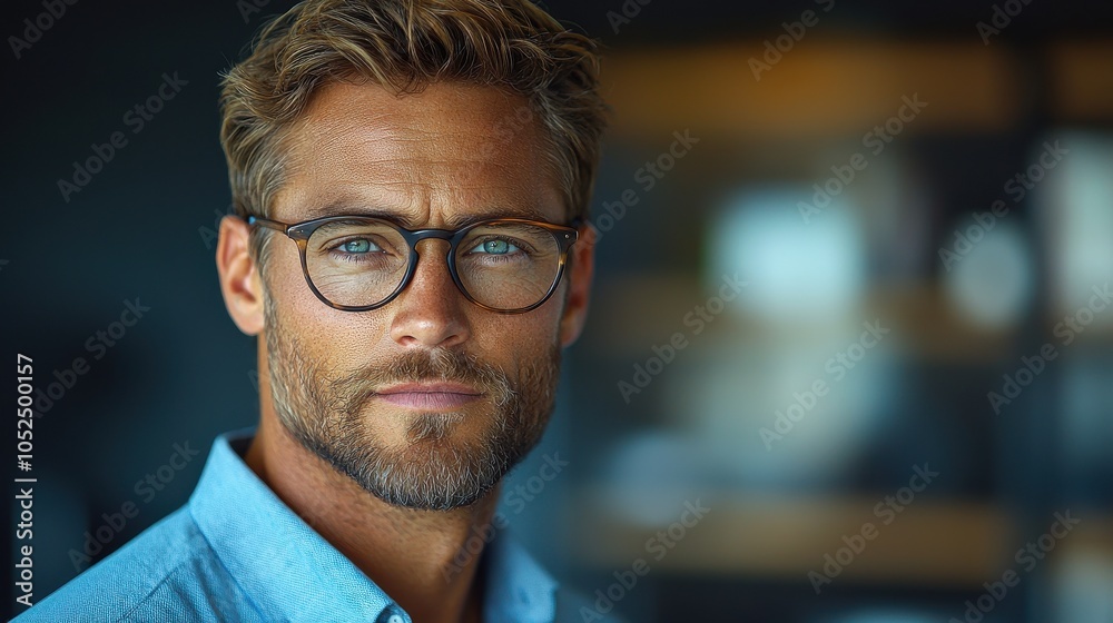 Fototapeta premium A handsome man with glasses poses confidently in a well-lit modern office setting during the afternoon