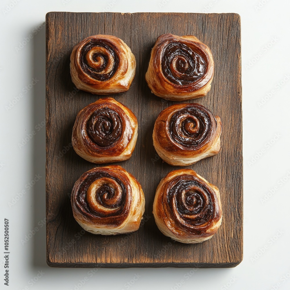 Freshly baked cinnamon rolls on a rustic wooden board, served warm and delicious Freshly baked cinnamon rolls on a rustic wooden board, served warm and delicious
