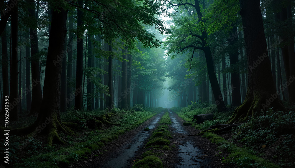 Fototapeta premium Misty forest pathway with lush greenery under a dark, moody atmosphere