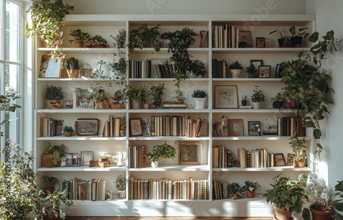 A cozy living room bookshelf filled with books and plants in natural light during the day