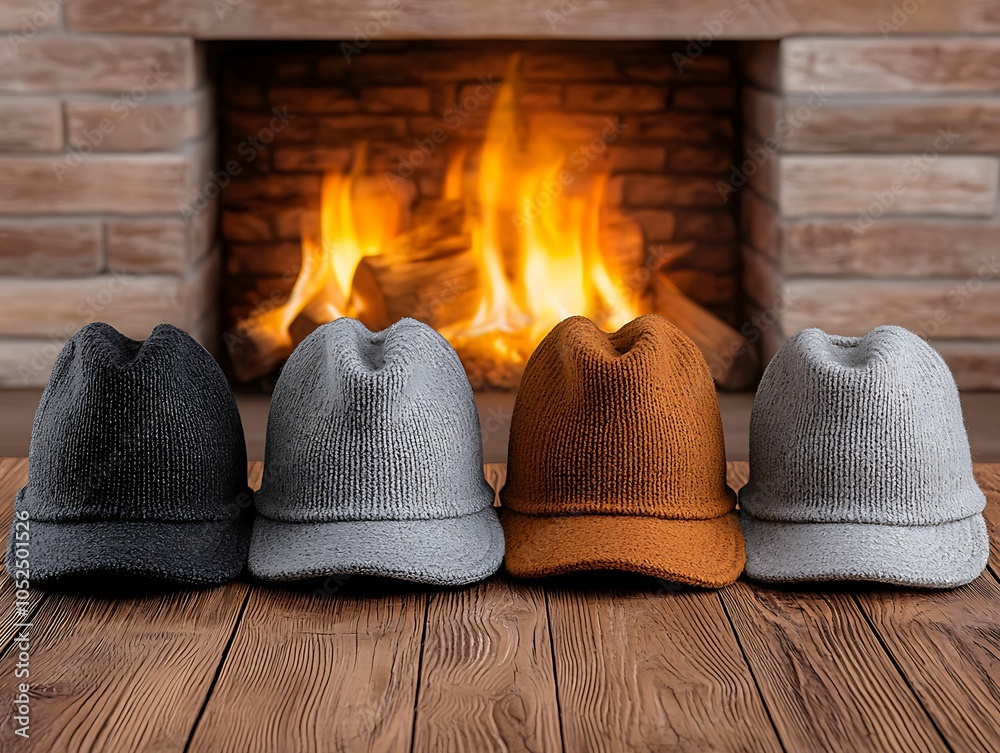 Fototapeta premium Art cozy hats wearing Warm and cozy winter hats collection displayed by a charming fireplace setting perfect for seasonal fashion inspiration