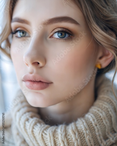 A serene close-up of a young woman with stunning blue eyes and soft makeup, wearing a cozy tan sweater in natural light. Generative AI