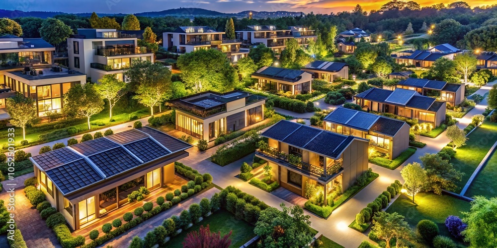 Naklejka premium Sustainable Green Modern Residential Area at Night - Eco-Friendly Living Spaces with Illuminated Gardens and