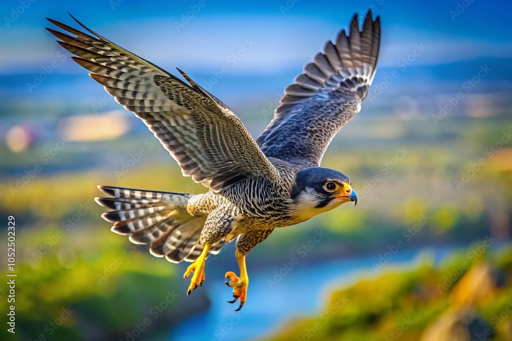 Fototapeta premium Swift Peregrine Falcon Diving at High Speed in Stunning Panoramic View of Nature