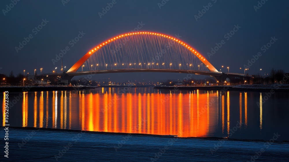 Illuminated arch bridge reflected in water at night.