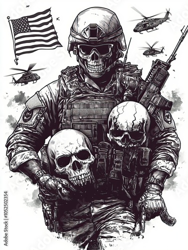 Create a design illustration depecting a military patch. Featuring A soldier holding with a skull head. Holding two heads of a terrorists, with a background of US flag and helicopters. generative ai photo