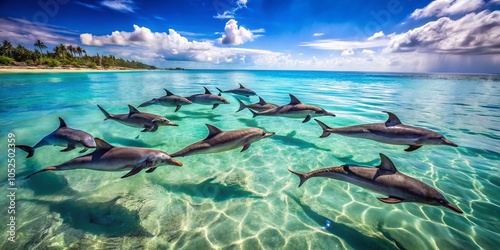 Swimming with Dolphins in Blue Water of Zanzibar, Tanzania - Vintage Style Photography