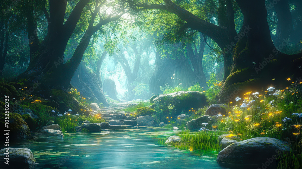 Fototapeta premium Enchanting Fantasy Forest with Mystical Stream and Glowing Flora in a Magical Realm