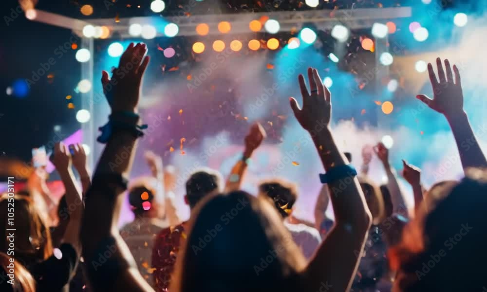 A lively concert scene with raised hands and colorful lights creating an energetic atmosphere.