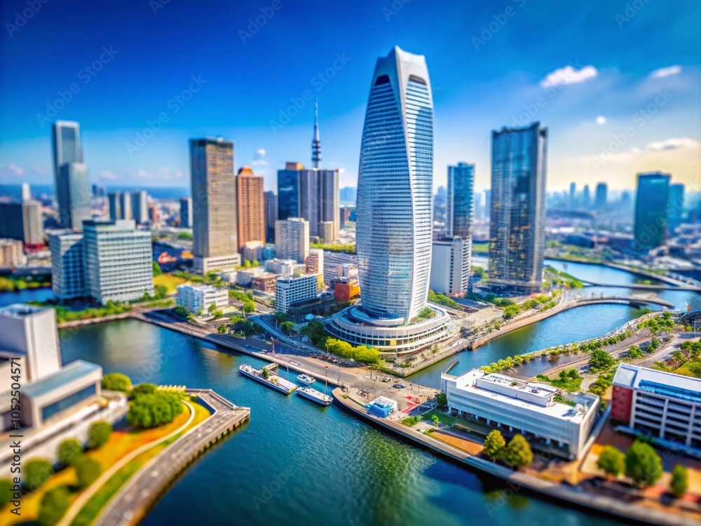 Fototapeta premium Tilt-Shift Photography of Minatomirai Cityscape in Yokohama, Japan - April 2024 Daytime Harbor View