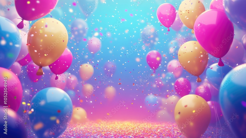 A vibrant celebration colorful balloons and confetti fill the air in a joyous festive atmosphere A vibrant celebration colorful balloons and confetti fill the air in a joyous festive atmosphere
