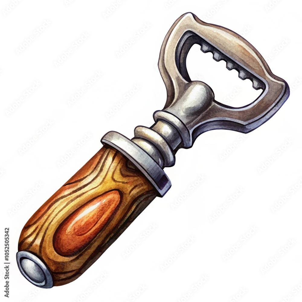 manual bottle opener isolated on a white background, top view. The bottle opener has a soft wooden handle isolated on a white background.