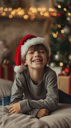 happy young boy wearing Santa s hat in Christmas eve, New year s eve, Happy New year 