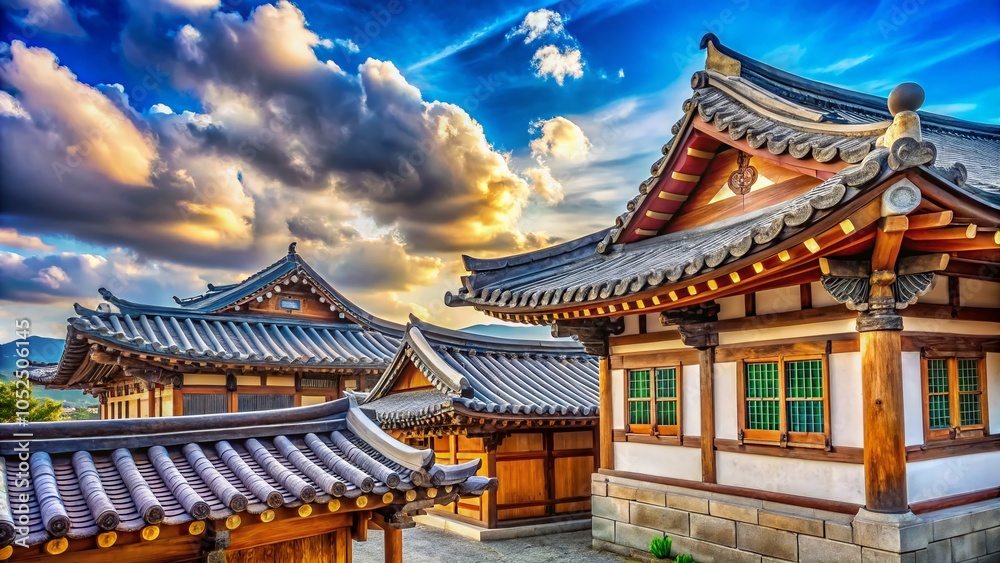 Tranquil Clouds Over Traditional Korean Hanok Architecture in South Korea Tranquil Clouds Over Traditional Korean Hanok Architecture in South Korea