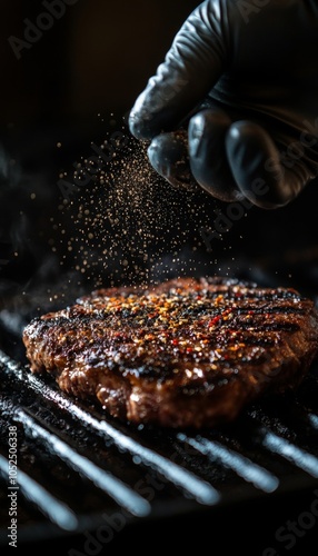 Gloved hand perfectly sprinkling seasoning on a deliciously grilled steak for culinary perfection photo