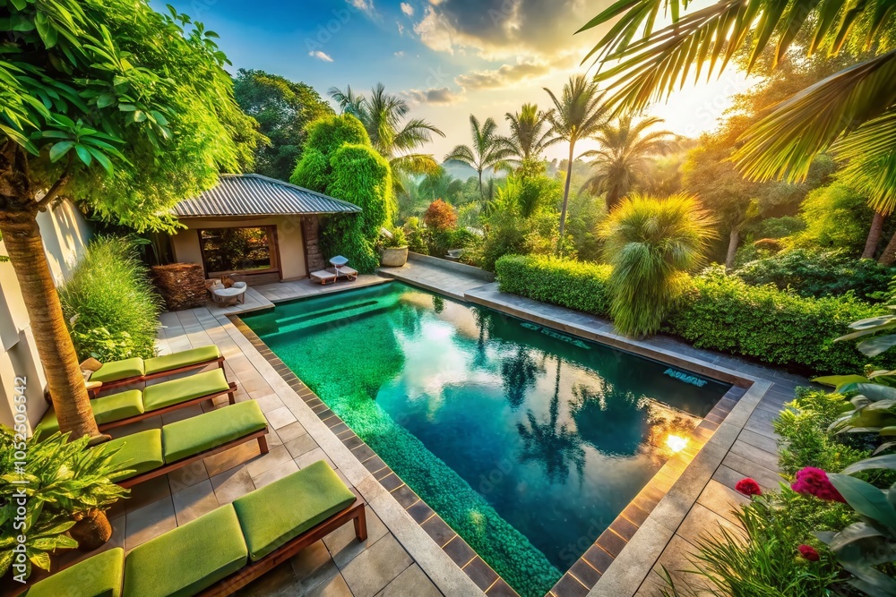 Fototapeta premium Tranquil Poolside View for Summer Vibes – Relaxation and Serenity Awaits